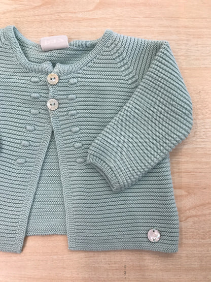 Cardigan Paz Rodriguez in filo verde manica lunga con due bottoncini e pois ricamati lateralmente alla chiusura