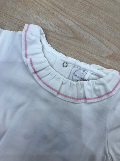 Body Laranjinha in cotone bianco mezza manica con collo con rusche rifinita in rosa