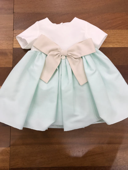 Abito Le Bebè in taffettà gonna verde acqua con corpetto bianco mezza manica con fiocco tortora con zip sul retro