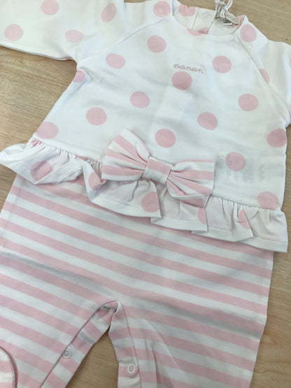 Tutina Nanan in cotone manica lunga con piedini con pois e righe rosa con rusche e fiocchetto