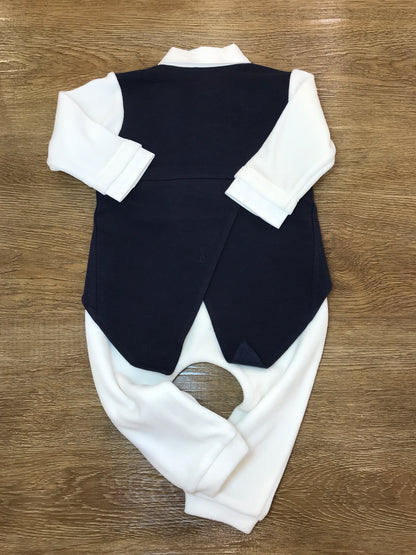 Tutina Cielo Blu in caldo cotone intera bianca con finto gilet blu scuro e papillon
