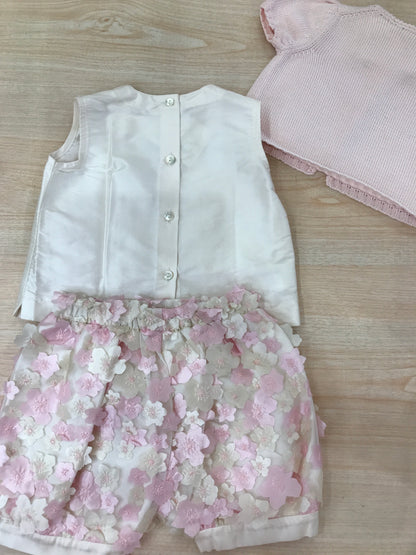 Completo Colibrì in seta camicetta smanicata con fiori pantalone a sbuffo rivestito da fiori