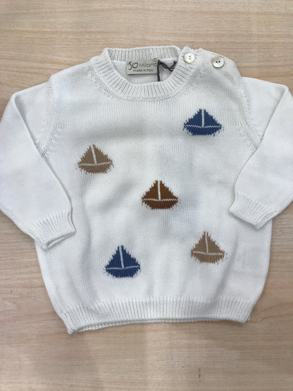 Maglione Jo Milano in filo bianco manica lunga con barche colorate ricamate sul davanti