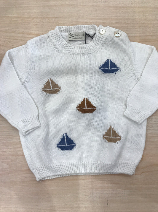 Maglione Jo Milano in filo bianco manica lunga con barche colorate ricamate sul davanti