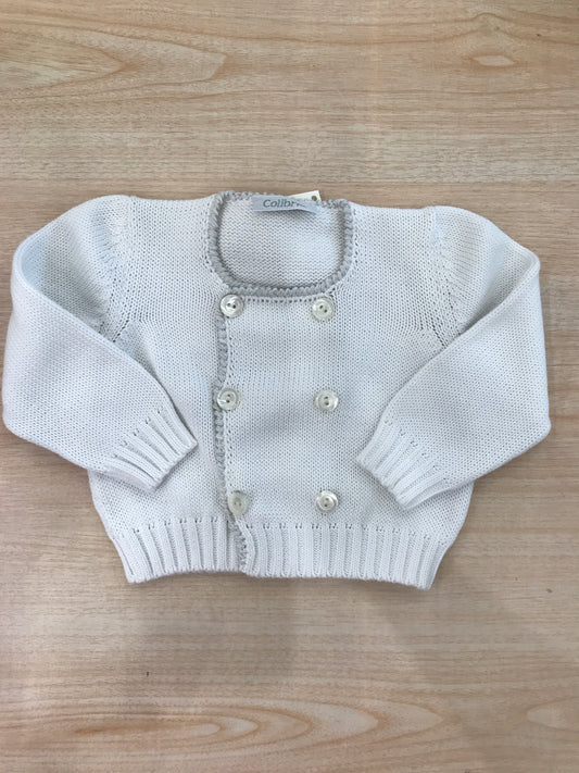 Cardigan Colibrì in filo bianco doppio petto con bottoncini e rifiniture grigie
