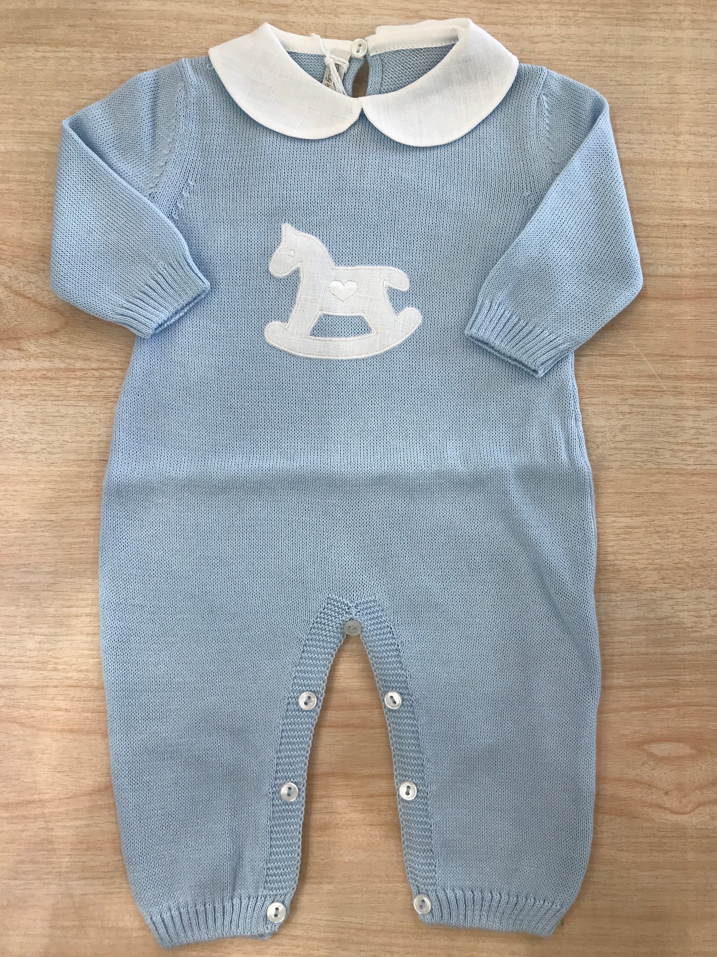 Tutina Baby lord in filo manica lunga gamba lunga con colletto bianco con cavallo a dondolo bianco sul davanti