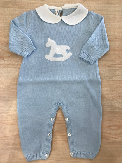 Tutina Baby lord in filo manica lunga gamba lunga con colletto bianco con cavallo a dondolo bianco sul davanti