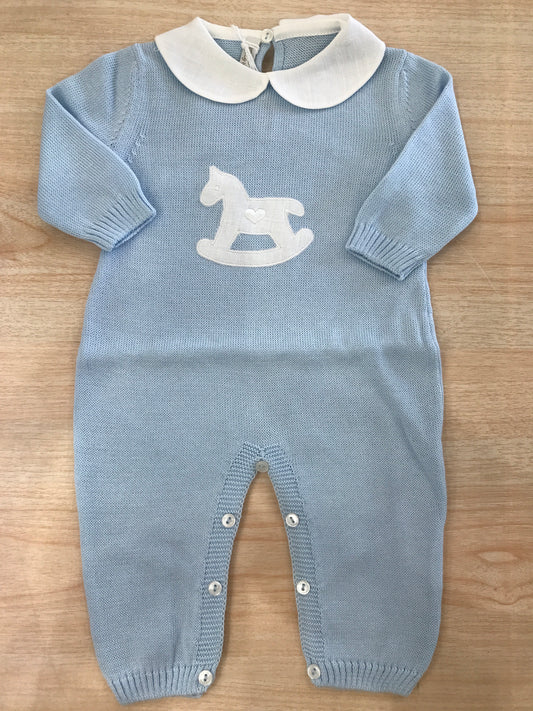Tutina Baby lord in filo manica lunga gamba lunga con colletto bianco con cavallo a dondolo bianco sul davanti