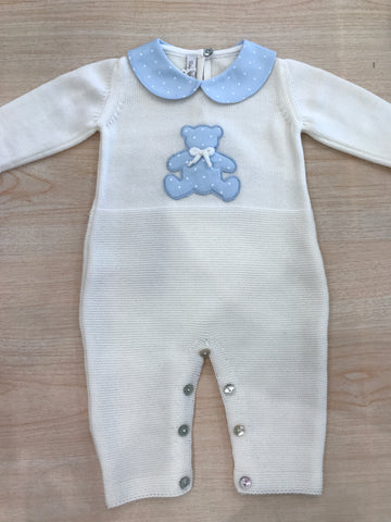 Tutina Baby Lord in lana panna intera con colletto celeste e pois bianchi ed orsetto centrale