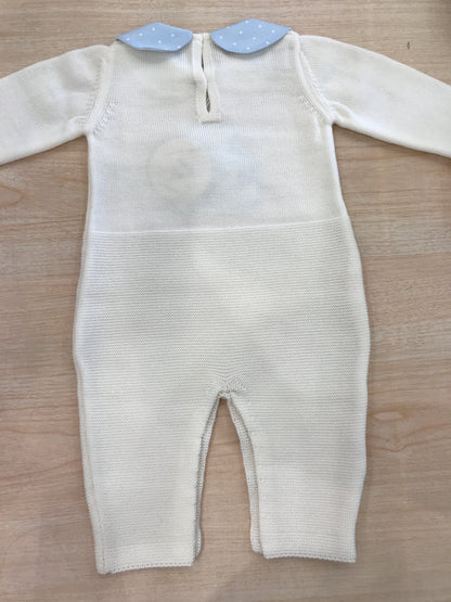 Tutina Baby Lord in lana panna intera con colletto celeste e pois bianchi ed orsetto centrale