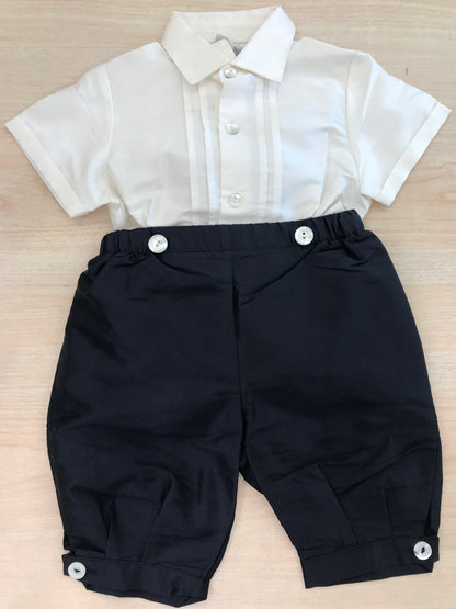 Completo Colibrì camicia mezza manica con pieghe avorio con pantalone a sbuffo blu
