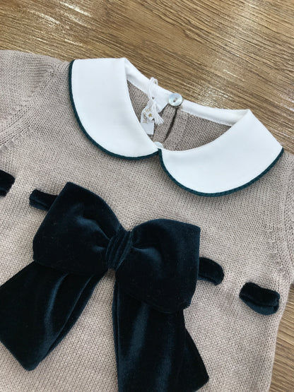 Tutina Baby Lord in lana intera tortora con passanastro e fiocco in velluto verde