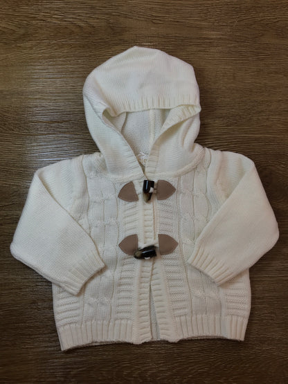 Cardigan Cielo Blu panna con cappuccio e lavorazione di trecce sul davanti