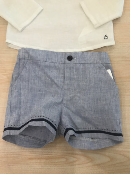 Completo Paz Rodriguez in lino camicia manica lunga con rifiniture blu con bermuda celeste rifinito blu