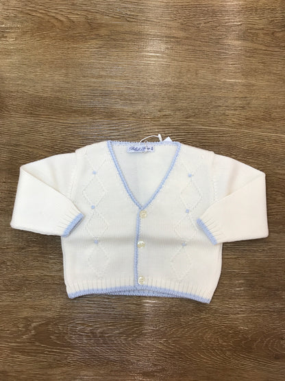 Cardigan Bebè di Almy in lana panna con rifiniture celesti