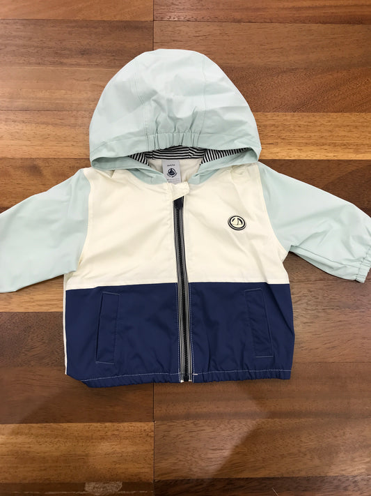 Giubbotto Petit Bateau impermeabile manica lunga con cappuccio in blu verde acqua e panna