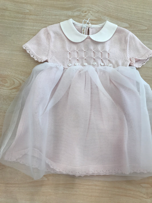 Abito Baby Lord in filo rosa mezza manica con strato in tulle e lavorazione di punto smock