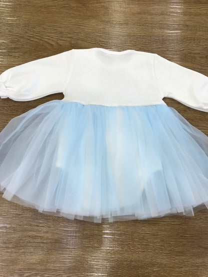 Abito Sofija in caldo cotone manica lunga con fiori e tulle bianco e celeste