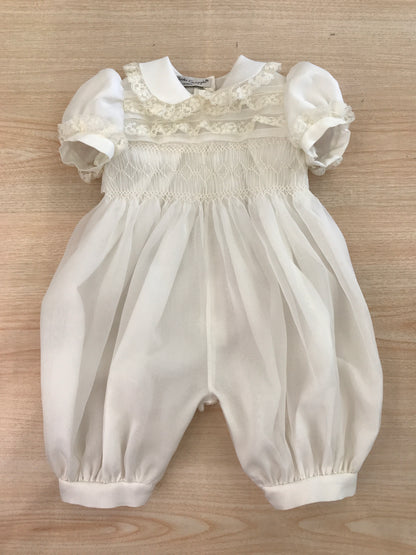 Pagliaccetto Piccola Giuggiola in organza in seta manica a sbuffo con corpetto lavorato da punto smock e lavorazione di valancienne
