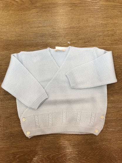 Cardigan Baby Lord in lana celeste ad incrocio con lavorazione di trecce