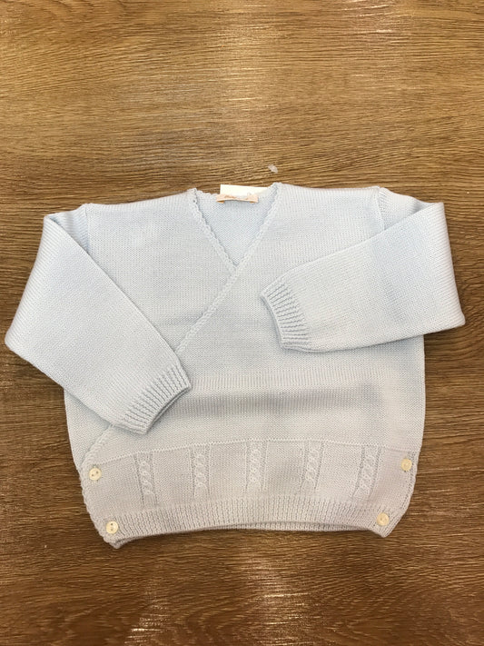 Cardigan Baby Lord in lana celeste ad incrocio con lavorazione di trecce