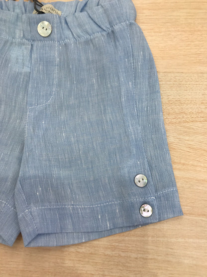 Bermuda Jo Milano in lino celeste con elastico in vita e bottoncini