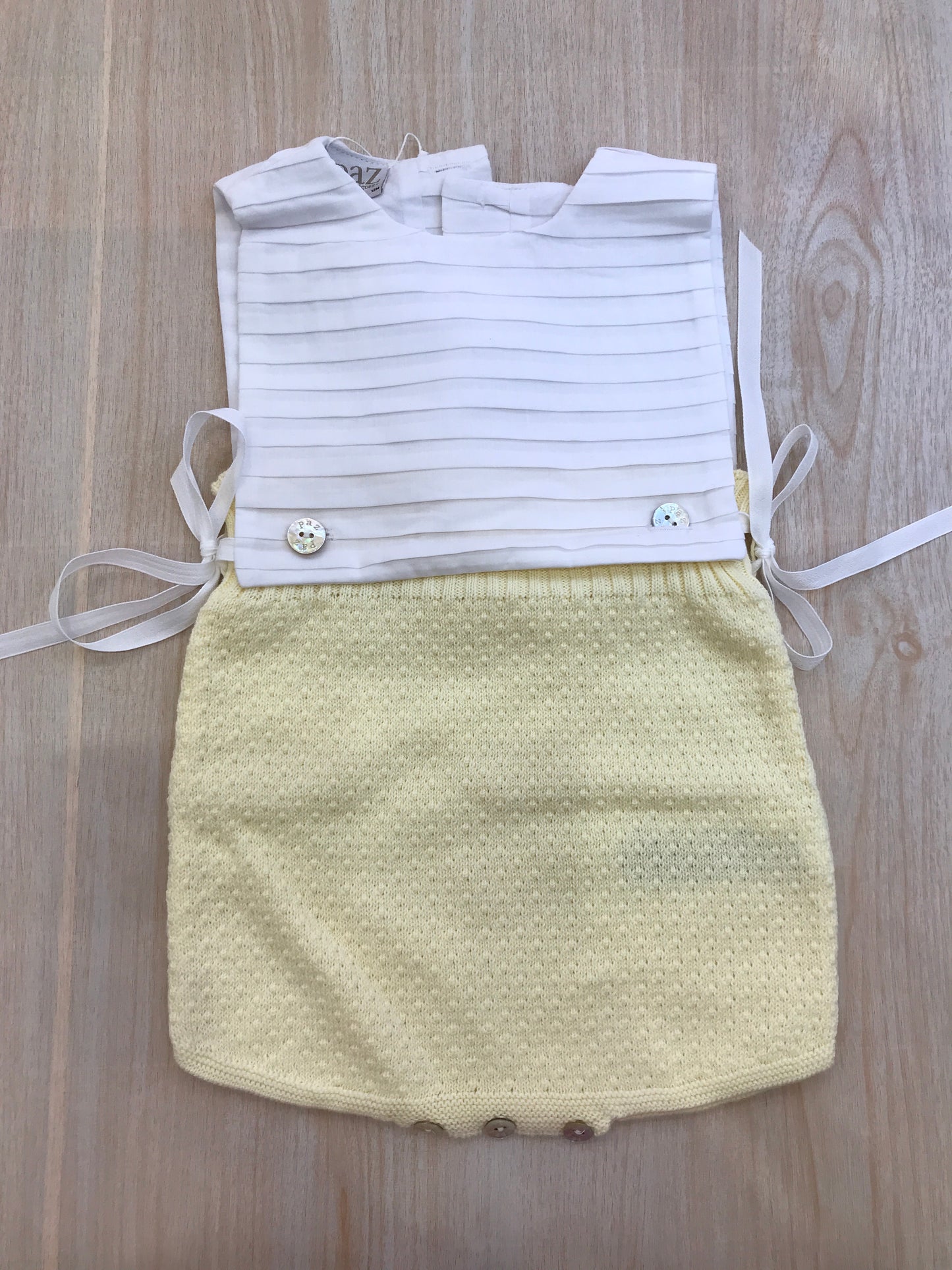 Pagliaccetto Paz Rodriguez in filo giallo con corpetto bianco a righe con lacci laterali