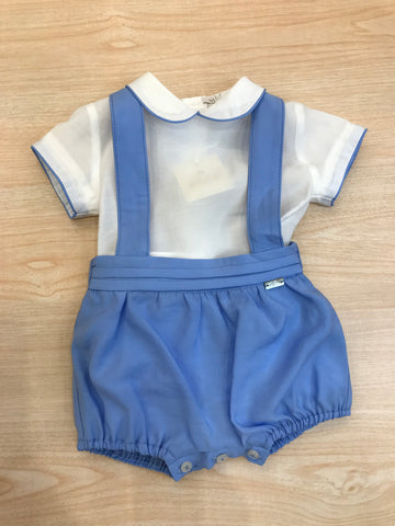 Completo Le Bebè in cotone body mezza manica con rifiniture in celeste con salopette con bretelle e fascia a pieghe
