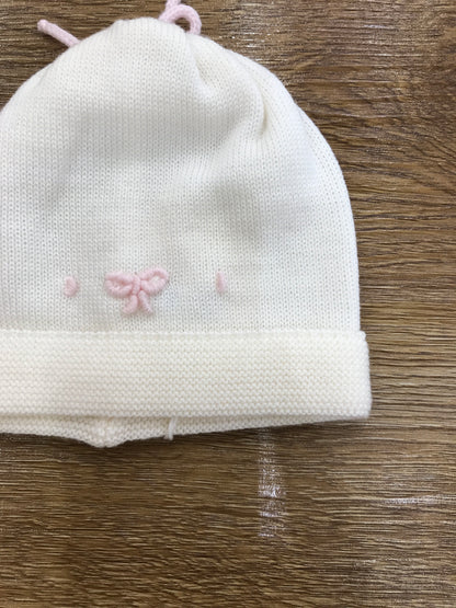 Cappello Baby Lord in lana panna con fiocchetto rosa