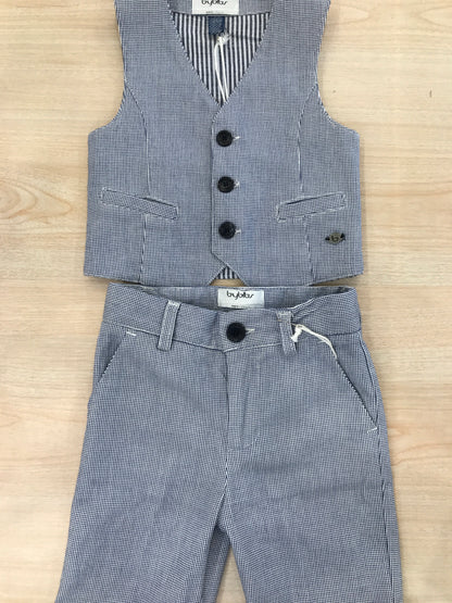 Completo Byblos gilet con bermuda a righe bianche e blu con tasche e bottoncini