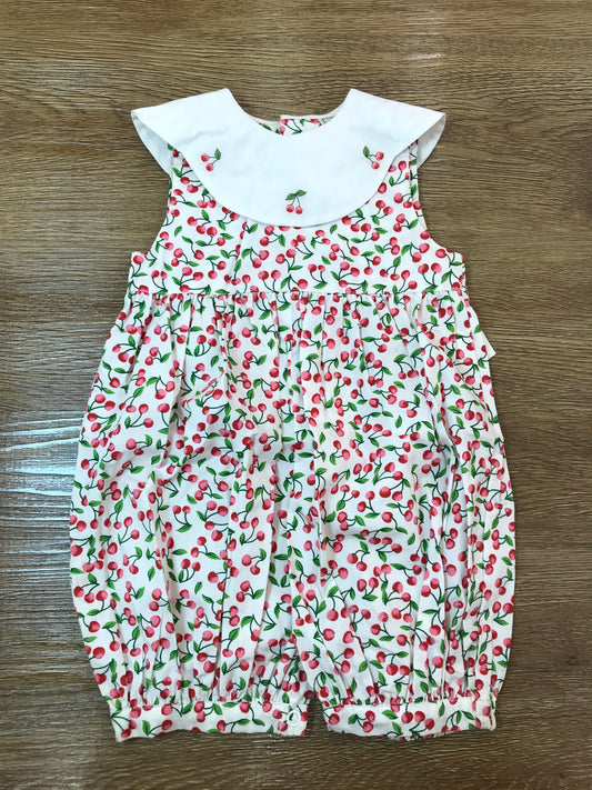 Pagliaccetto Alle's smanicato bianco con piccole ciliegine rosse e verdi colletto smerlato con piccole ciliegine in rilievo ricamate