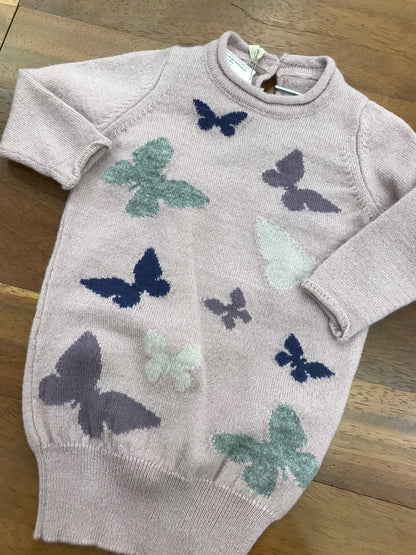 Abitino Mini Kuxo in lana a tubino di colore rosa antico manica lunga con farfalle colorate