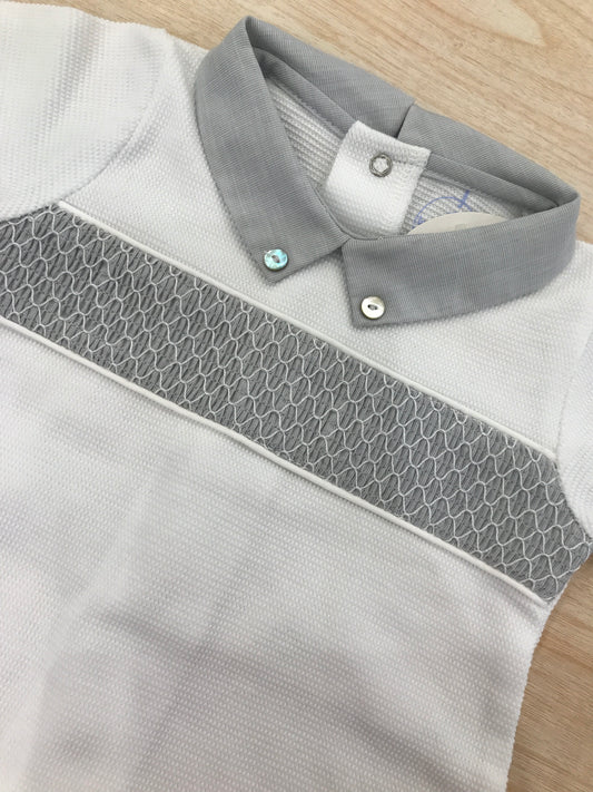 Tutina Laranjinha in cotone gamba lunga manica lunga con colletto grigio e punto smock sul davanti