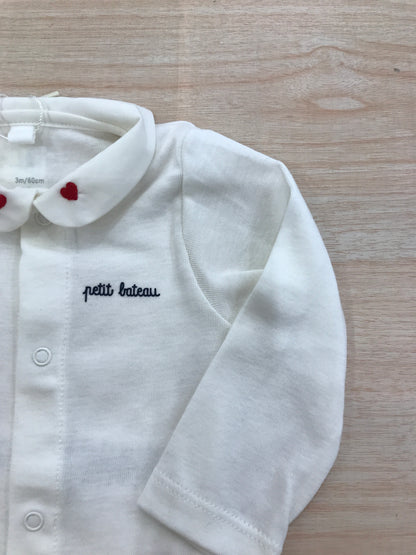 Body Petit Bateau panna manica lunga con colletto ricamato con piccoli cuori rossi