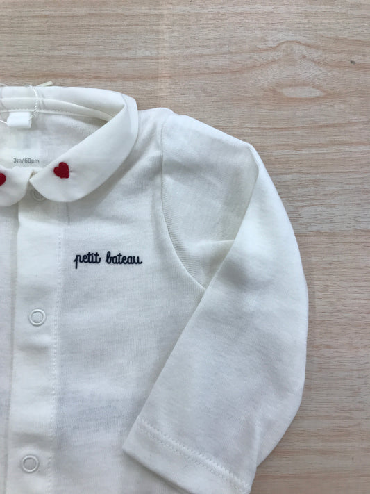 Body Petit Bateau panna manica lunga con colletto ricamato con piccoli cuori rossi