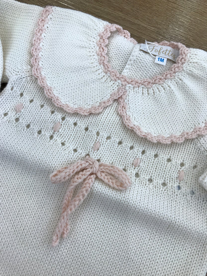 Pagliaccetto Fofettes panna collo rotondo smerlato rosa con pois in rilievo e fiocchetto