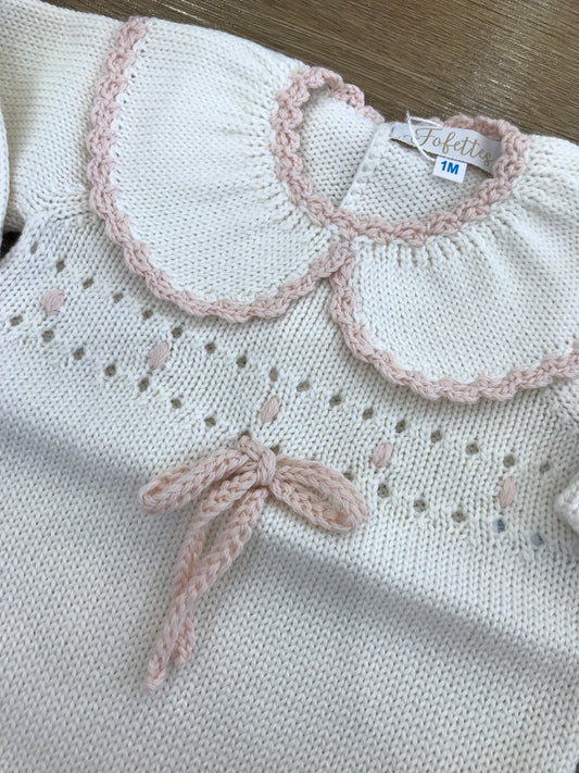 Pagliaccetto Fofettes panna collo rotondo smerlato rosa con pois in rilievo e fiocchetto
