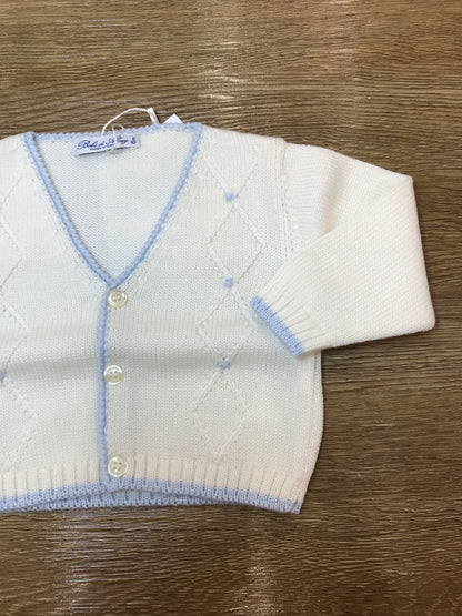 Cardigan Bebè di Almy in lana panna con rifiniture celesti