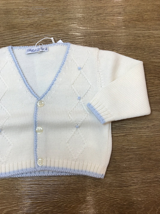 Cardigan Bebè di Almy in lana panna con rifiniture celesti