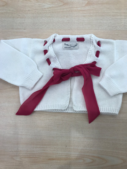 Cardigan Piccola Giuggiola in filo bianco con laccio fucsia