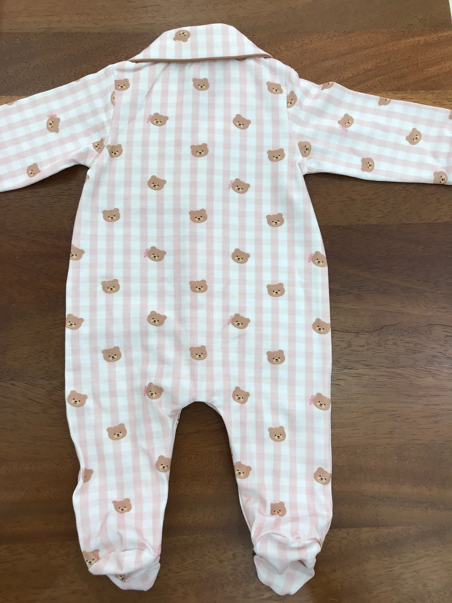 Tutina Nanan in cotone manica lunga gamba lunga a quadretti bianchi e rosa con piccoli orsetti