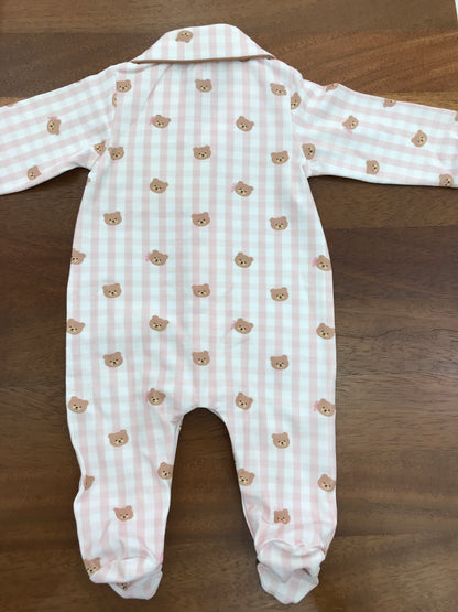Tutina Nanan in cotone manica lunga gamba lunga a quadretti bianchi e rosa con piccoli orsetti