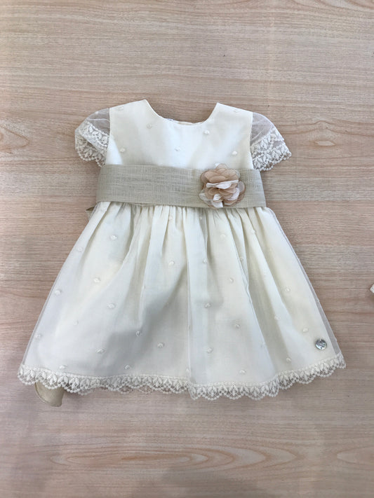 Abito Paz Rodriguez in cotone mezza manica velata con ricami e fascia in vita con applicazione di fiore