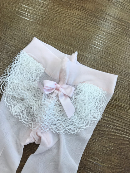 Calze Story Loris in microrete con rusche bianca e fiocchetto rosa sul retro