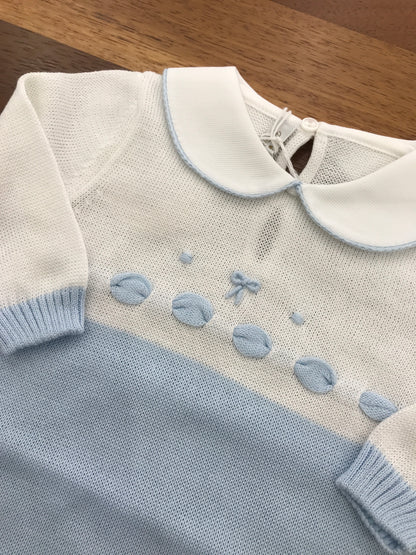 Tutina Baby Lord in filo manica lunga celeste e bianca con passanastro e fiocchetto cielo ricamato