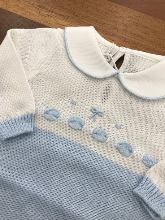 Tutina Baby Lord in filo manica lunga celeste e bianca con passanastro e fiocchetto cielo ricamato