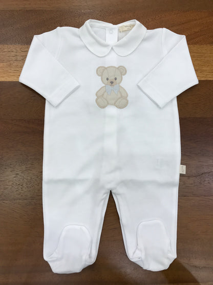 Tutina Baby Gi  bianca in cotone manica lunga manica lunga con orsetto ricamato sul davanti