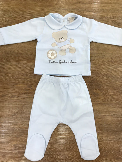 Tutina Nanan in cotone due pezzi celeste con orsetto sul davanti