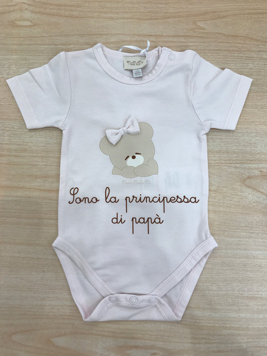 Body Nanan in cotone mezza manica con orsetto con fiocchetto e scritto " Sono la principessa di Papà"