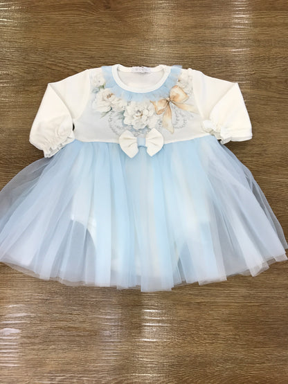 Abito Sofija in caldo cotone manica lunga con fiori e tulle bianco e celeste
